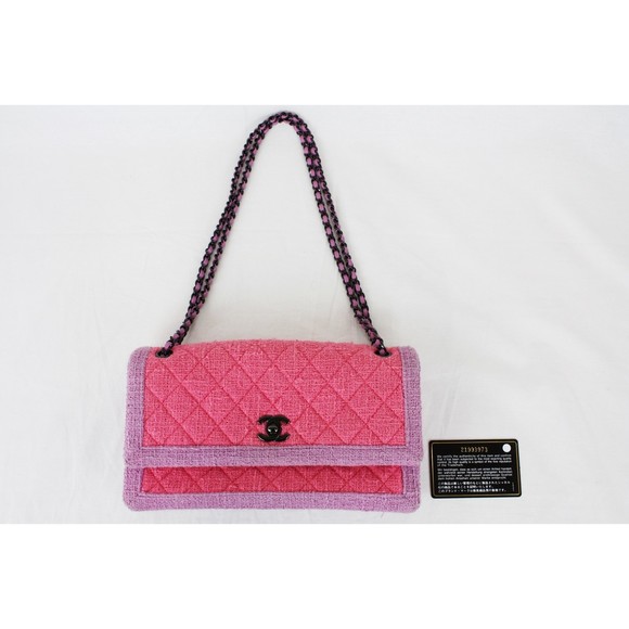 Chanel Chain Shoulder Tweed Trim Bag Pink Purple - Picture 10 of 10